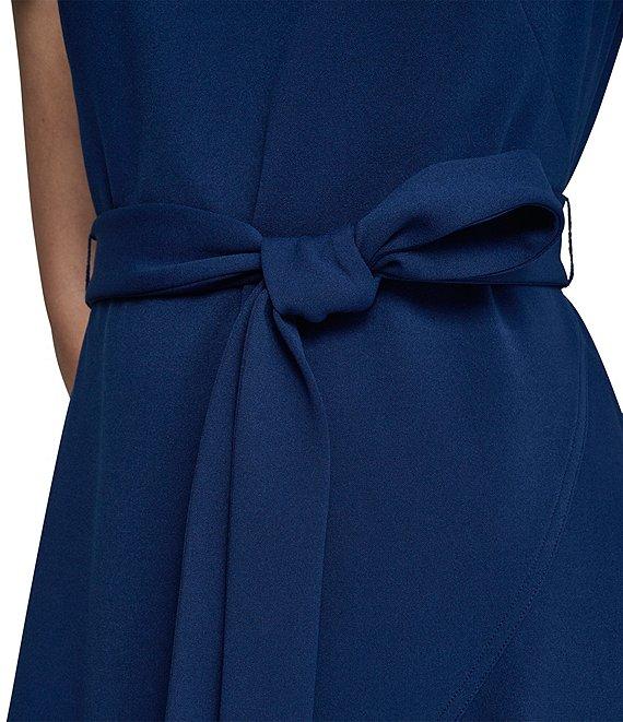 DKNY by Donna Karan Scuba Crepe V-Neck Short Flutter Sleeve Belted Faux Wrap Dress Product Image