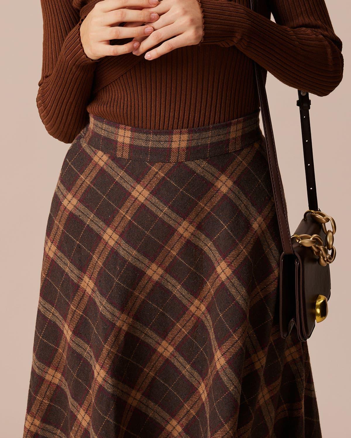 The Brown Elastic Waist Plaid A-Line Midi Skirt Product Image