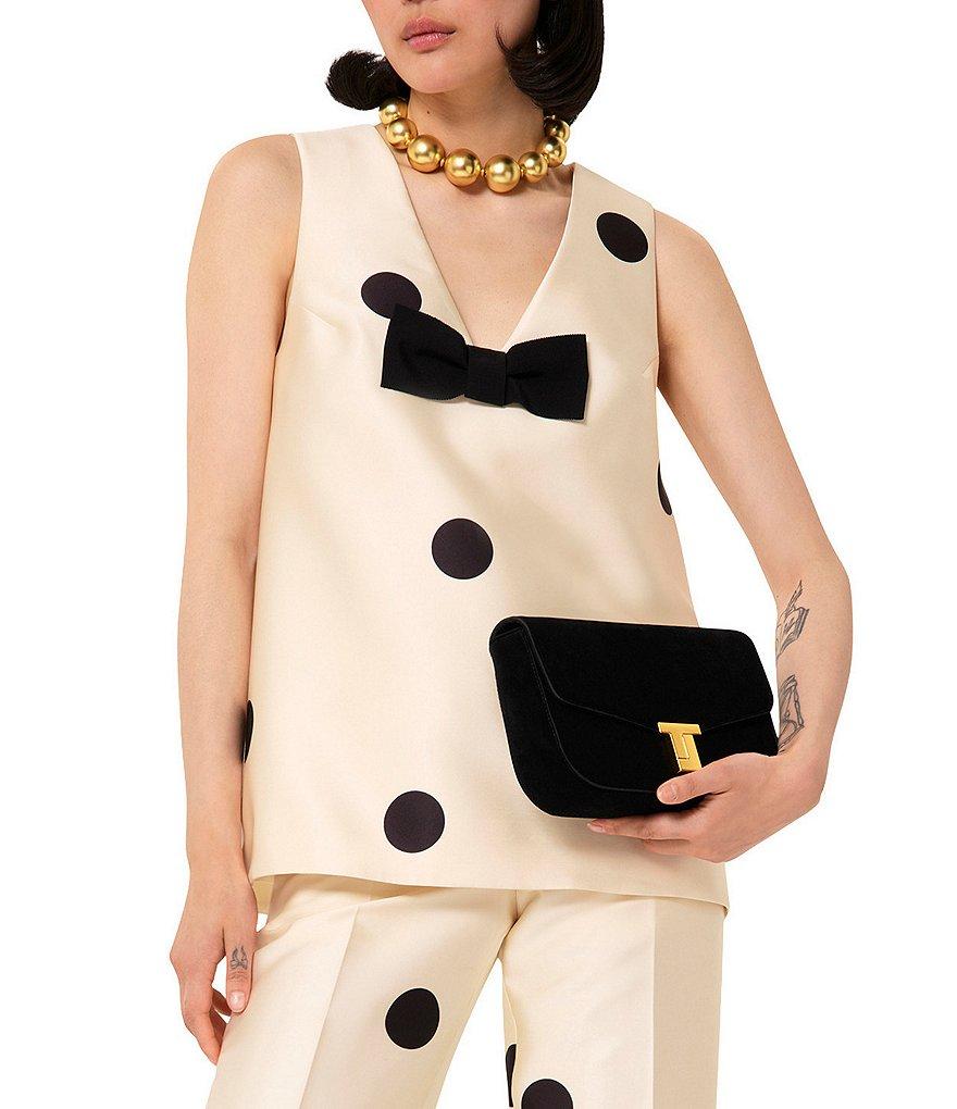 Tara Jarmon Topaze Dotted Duchess Satin V-Neck Sleeveless Bow Top Product Image