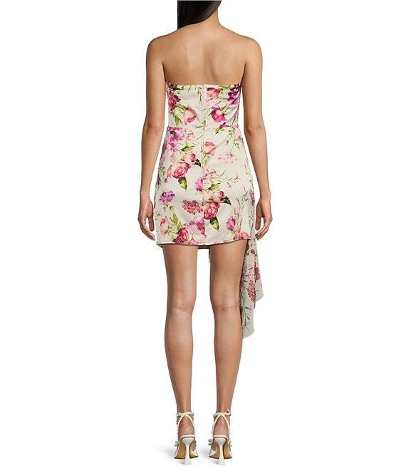 City Vibe Floral Print Strapless Sweetheart Neck Side Cascade Ruffle Dress Product Image