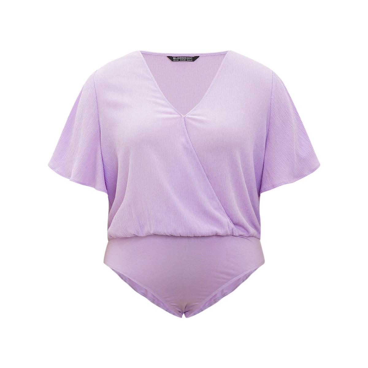 Plus Size Solid Ruffle Sleeve V Neck Ruched Bodysuit Women Lilac Plain Plain Bodysuits BloomChic 30/6X Product Image