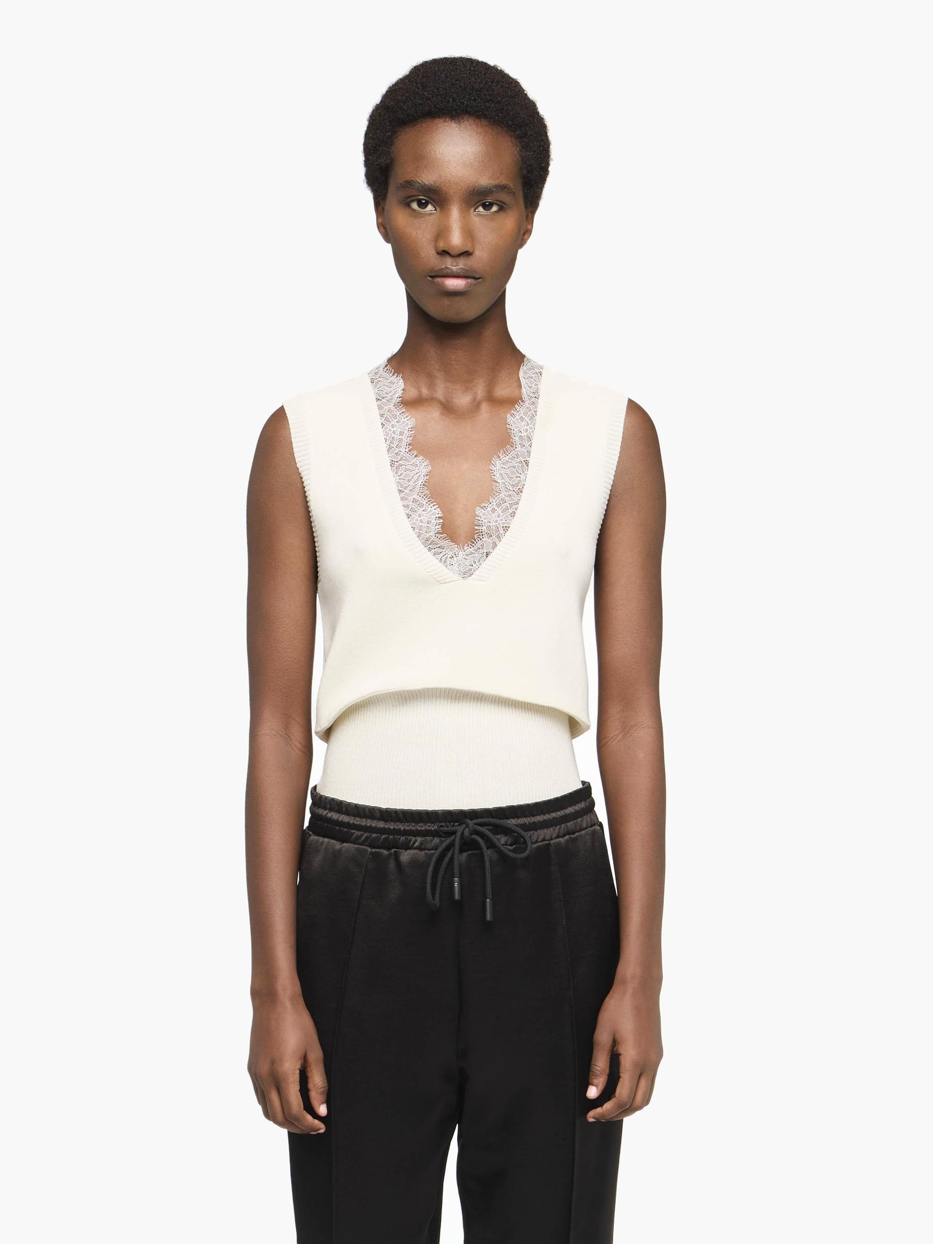 V-NECK LACE TRIM SWEATER Product Image