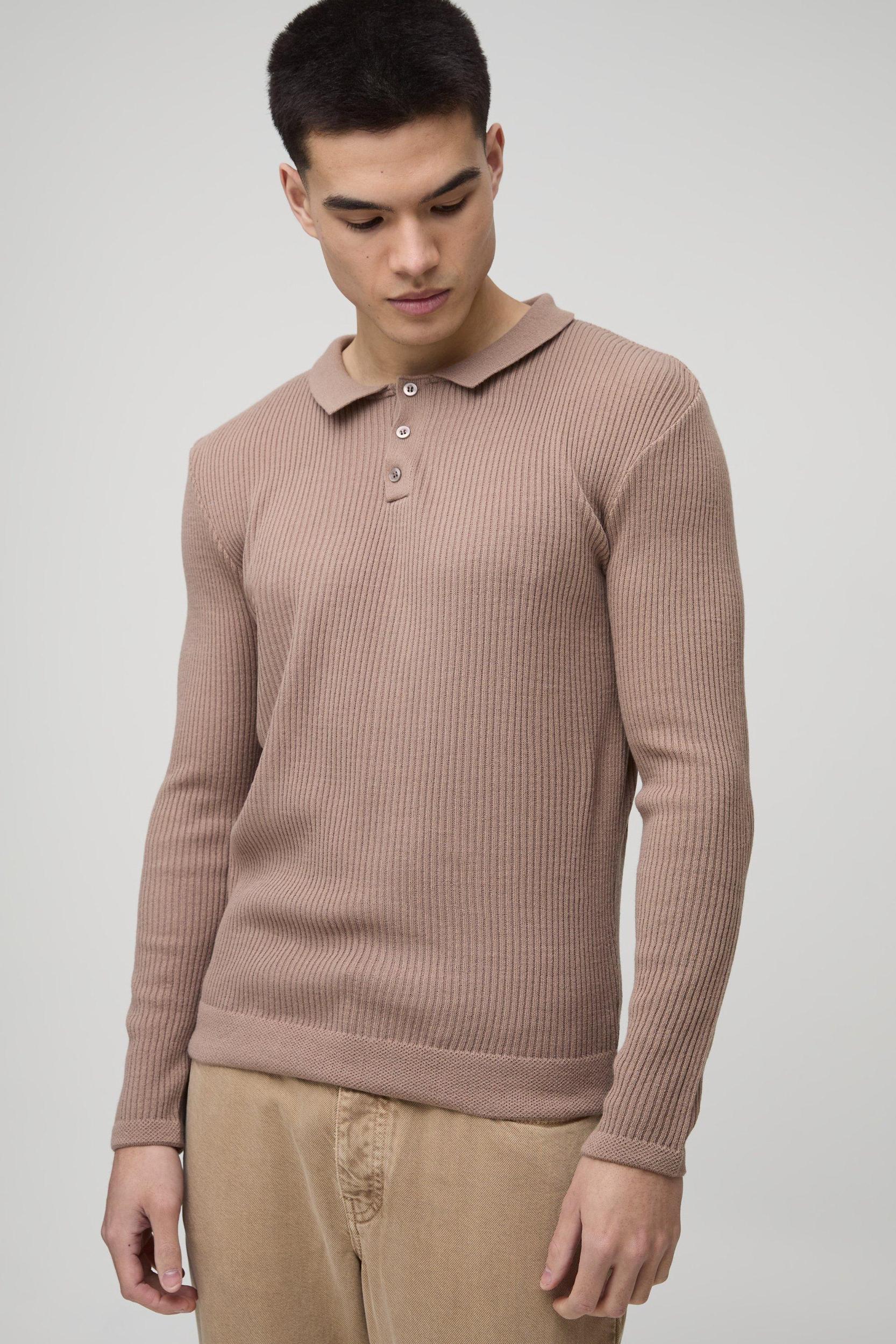 Muscle Fit Ribbed Button Neck Knitted Polo | boohooMAN USA Product Image