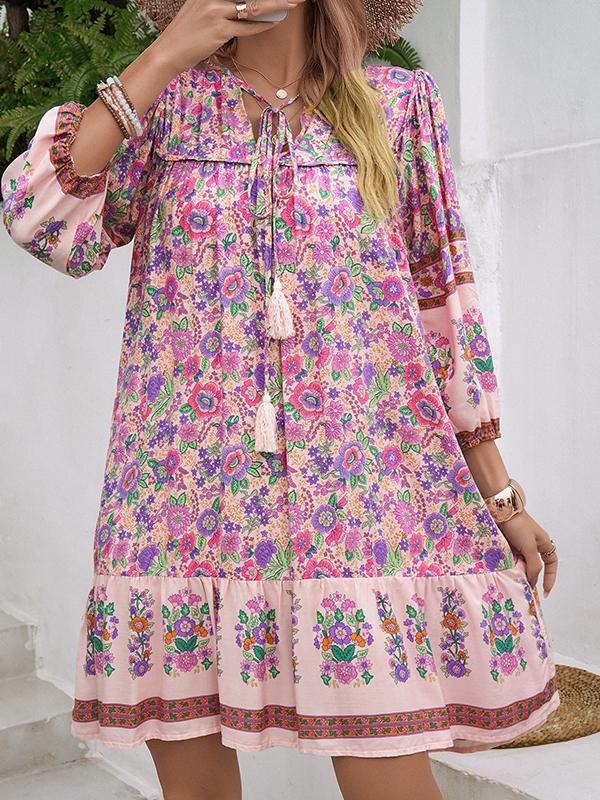 A-Line Loose Contrast Color Drawstring Flower Print Pleated Split-Joint V-Neck Mini Dresses Product Image