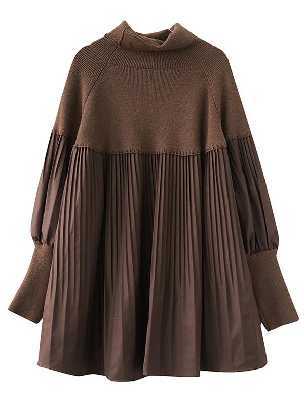 Knitting Pleats Split-Joint High-Neck Pullover Top Product Image