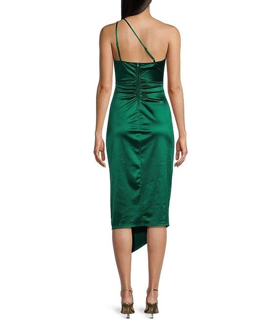 One Shoulder Shirred Side Slit Satin Midi Dress Product Image