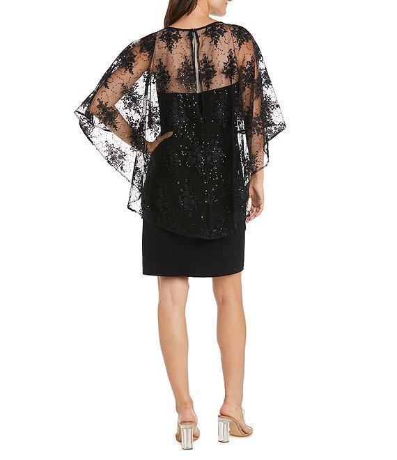 R & M Richards Crew Neck 3/4 Sleeve Embroidered Mesh Cape Overlay Dress Product Image