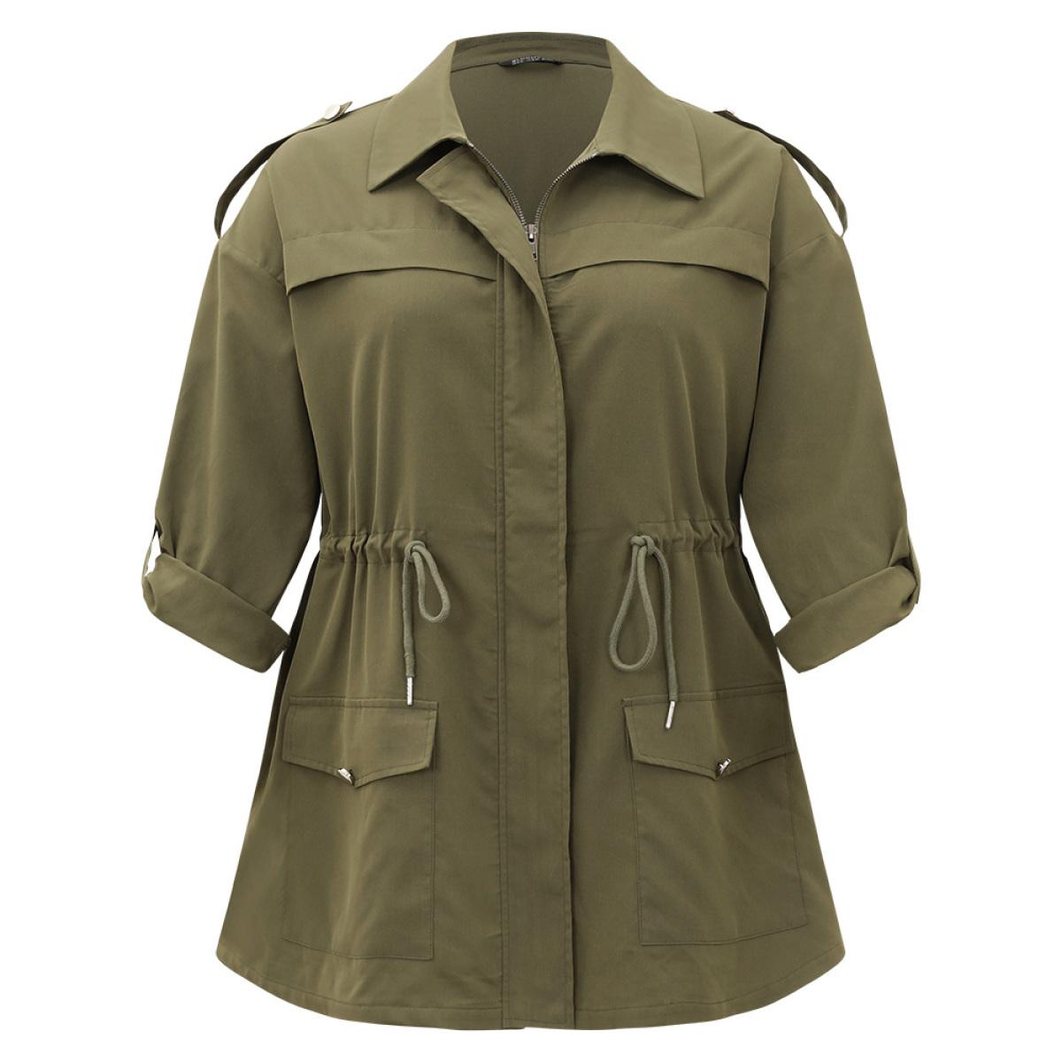 Plus Size Solid Zipper Drawstring Tab Sleeve Trench Coat Women ArmyGreen Casual Plain Ladies Dailywear Winter Coats BloomChic 22-24/3X Product Image