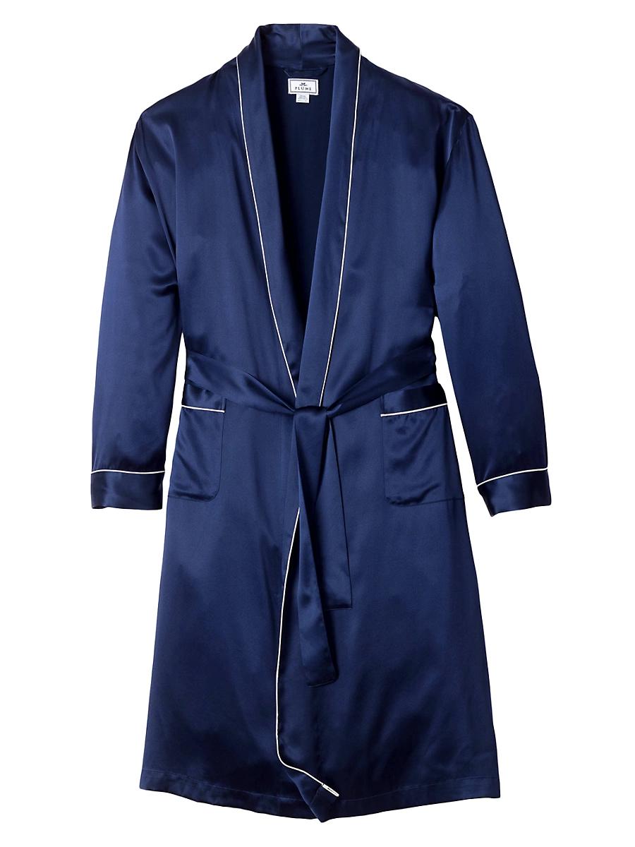 Petite Plume Men's Navy Piped Silk Robe at Nordstrom,  Product Image