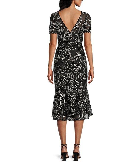 R & M Richards Petite Size Floral Braid Embroidered Soutache Crew Neck Short Sleeve Flounce Hem Midi Dress Product Image