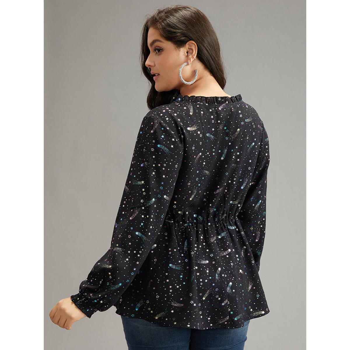 Plus Size Black Star Glitter Shirred Frill Trim Lantern Sleeve Blouse Women Elegant Long Sleeve V-neck Dailywear Blouses BloomChic 28/5X Product Image