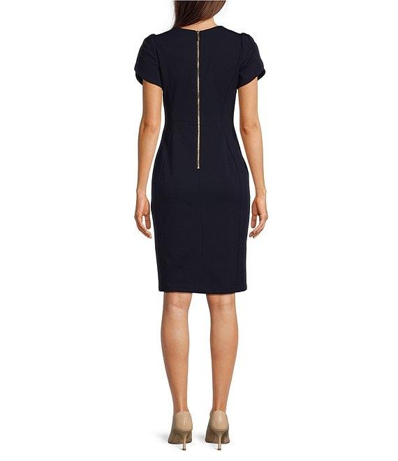 Calvin Klein Crew Neck Short Tulip Sleeve Solid Sheath Stretch Dress Product Image