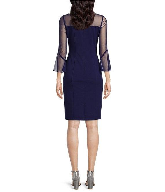 Alex Evenings Illusion 3/4 Mesh Bell Sleeve Boat Neck Crepe Sheath Dress Product Image