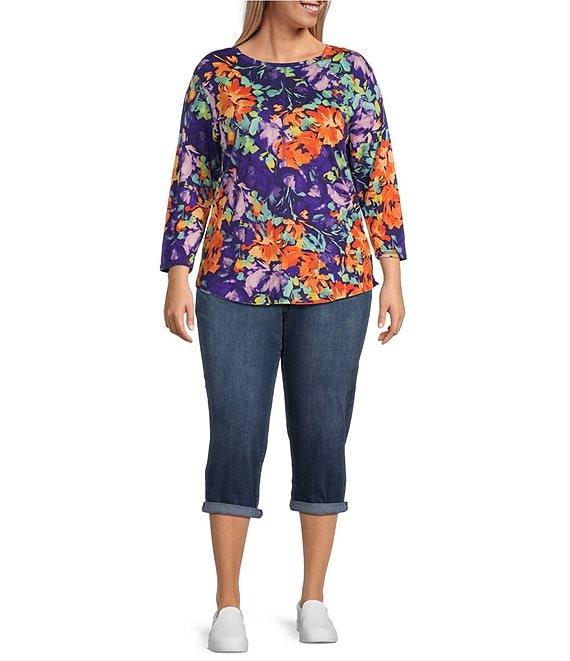 Westbound Plus Size Imperial Palace Floral Glow 3/4 Sleeve Crew Neck Knit Top Product Image