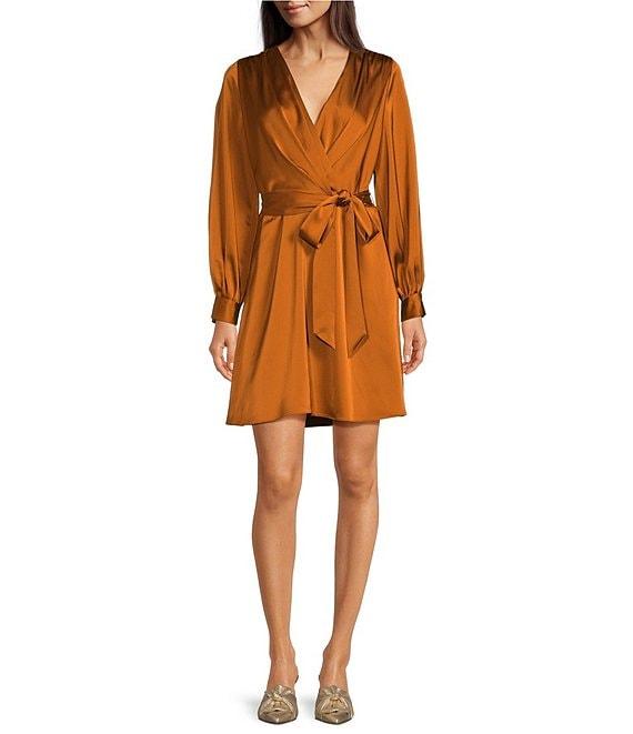 Alex Marie Paige Satin Deep V-Neck Long Cut-Out Sleeve Tie Front A-Line Above the Knee Dress Product Image