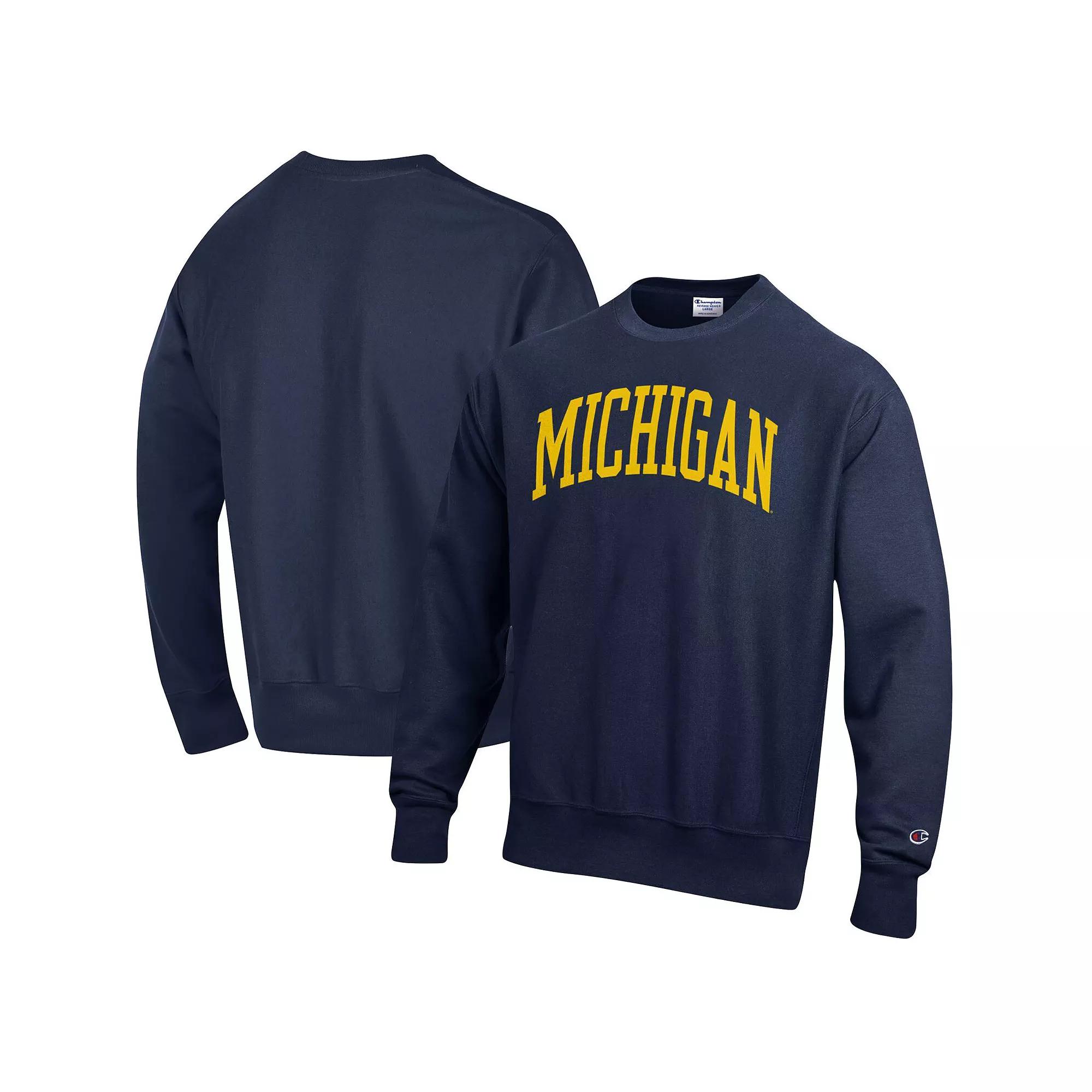 Men's Champion Navy Michigan Wolverines Arch Reverse Weave Pullover Sweatshirt,  Product Image