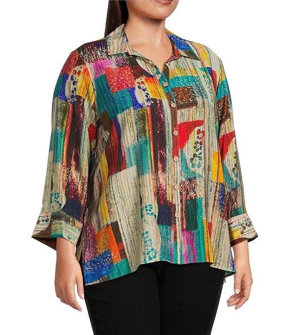 Ali Miles Plus Size Woven Abstract Multi Print Point Collar 3/4 Cuff Sleeve Button Front Tunic Product Image