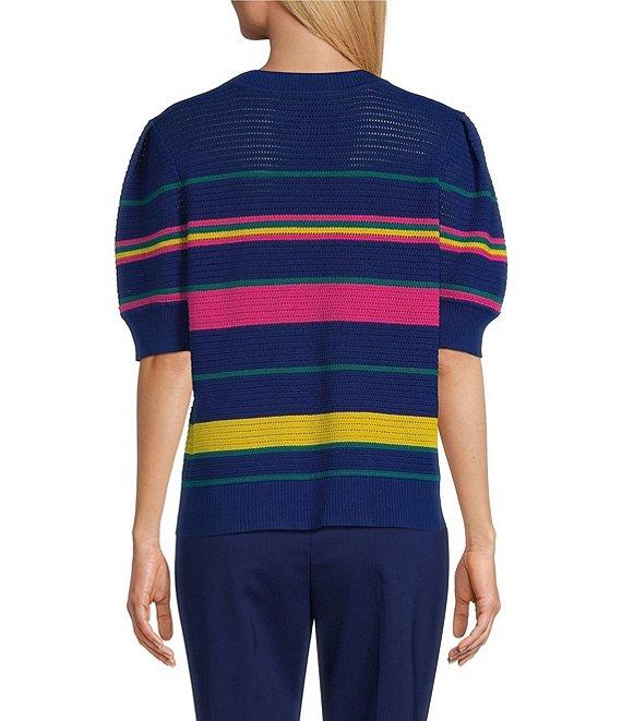 Investments Petite Size Olive Stripe Novelty Short Sleeve Crew Neck Sweater Top Product Image