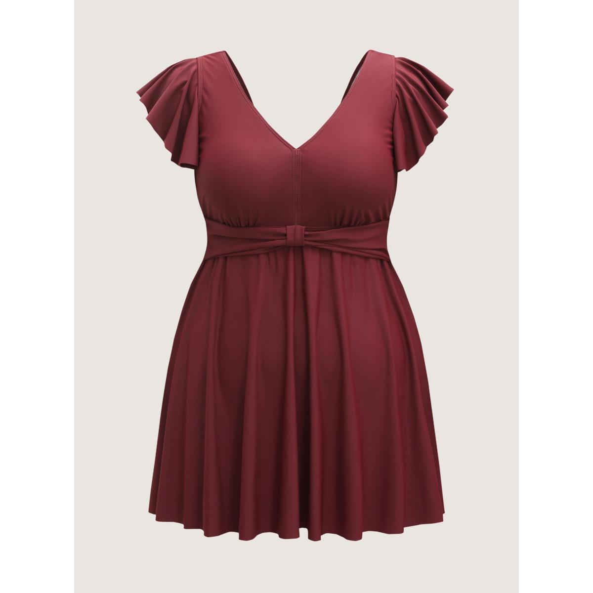 Plus Size Pleated Waist Flutter Sleeve Swim Dress Women's Swimwear Deepred Resort Bodycon V-neck High stretch Curve Swim Dresses BloomChic 14-16/1X Product Image