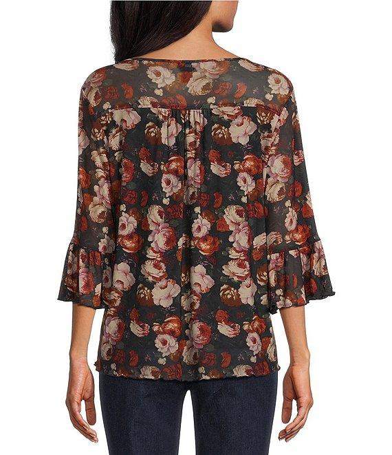 Intro Soft Mesh Rose Print 3/4 Romantic Sleeve Top Product Image