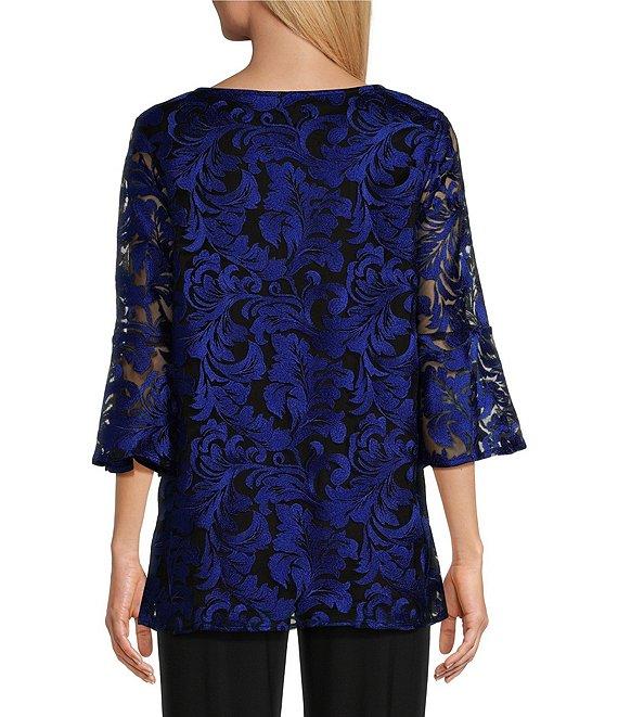 Caroline Rose Bella Soiree Embroidered Mesh Lace Scoop Neck 3/4 Bell Sleeve Tunic Product Image