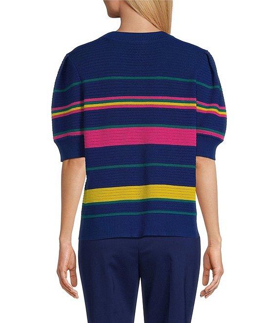 Investments Petite Size Olive Stripe Novelty Short Sleeve Crew Neck Sweater Top Product Image