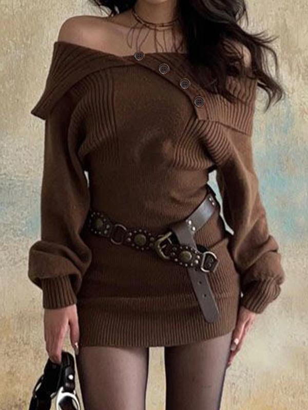 Off Shoulder Lapel Neck Knit Mini Dress Product Image