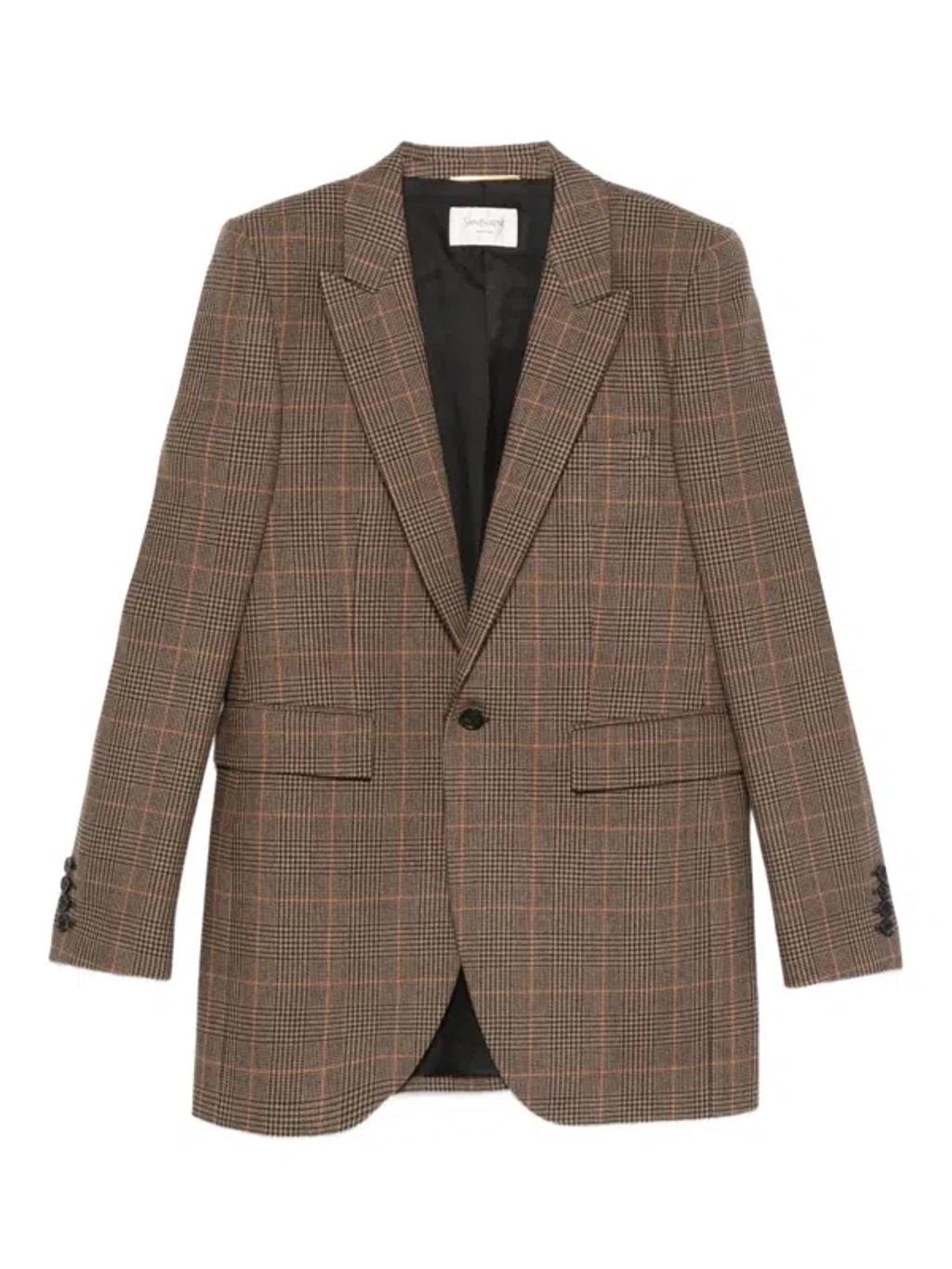 SAINT LAURENT Single-breasted Slim Houndstooth Plaid Blazer In Brown Product Image