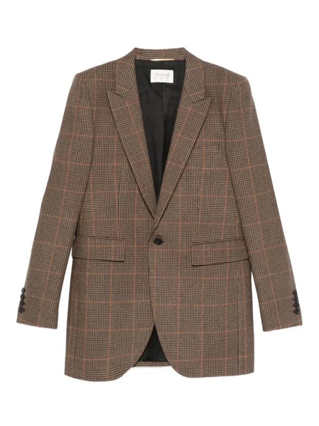 SAINT LAURENT Single-breasted Slim Houndstooth Plaid Blazer In Brown Product Image