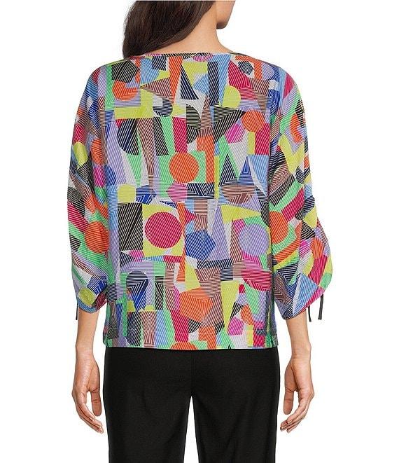Ali Miles Petite Size Woven Abstract Print Round Neck 3/4 Dolman Cinch Tie Sleeve Tunic Product Image