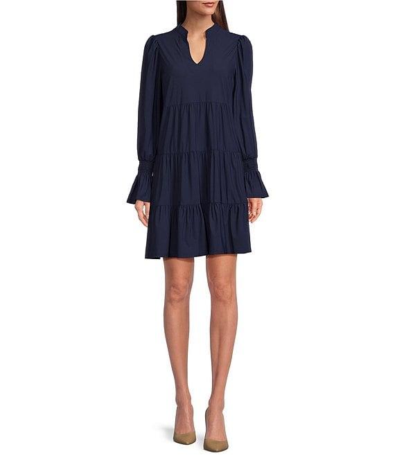 Jude Connally Tammi Stretch Jude Cloth Knit Split V-Neck Long Ruffled Sleeve Tiered Dress Product Image