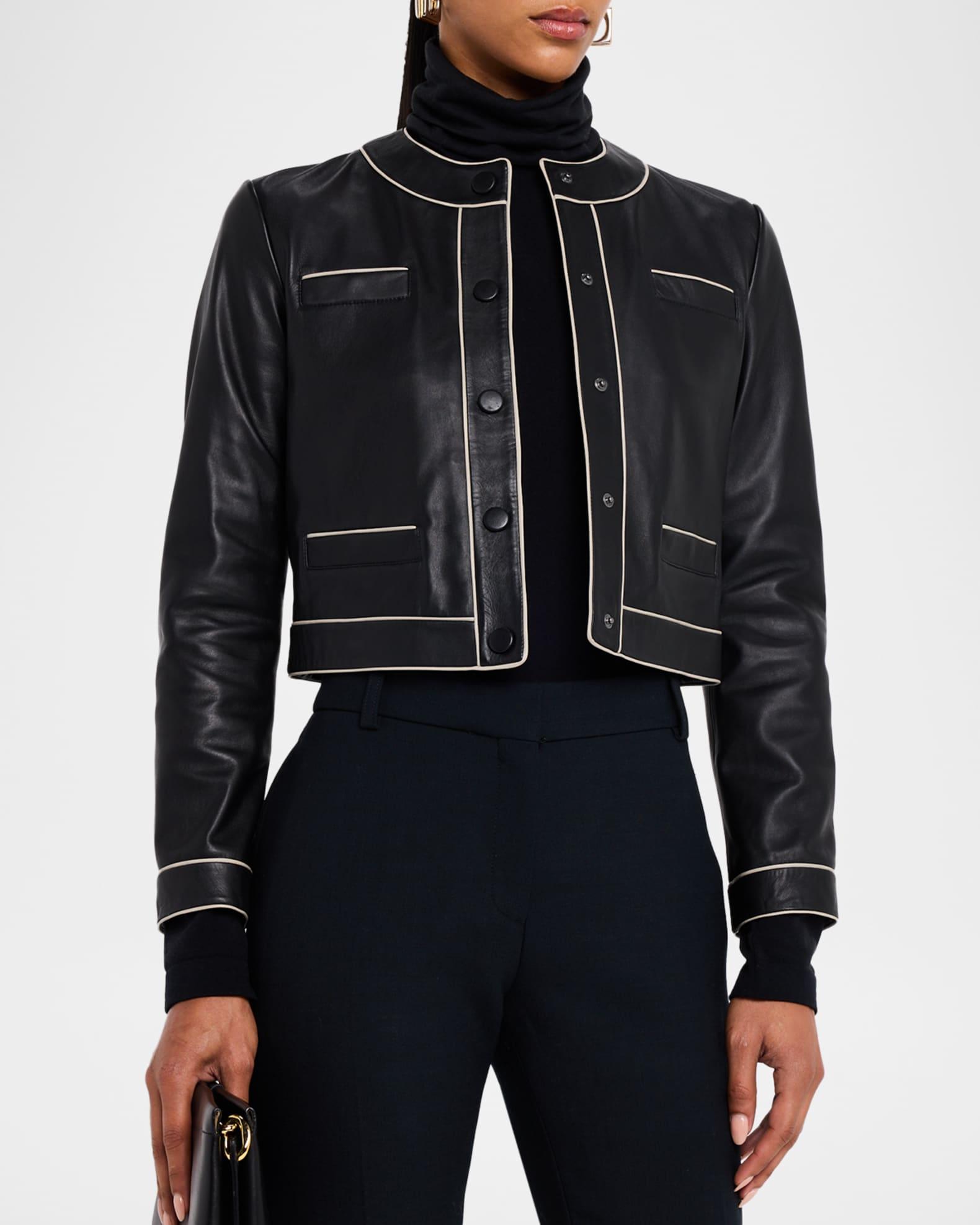 Cropped Contrast-Trim Leather Jacket Product Image