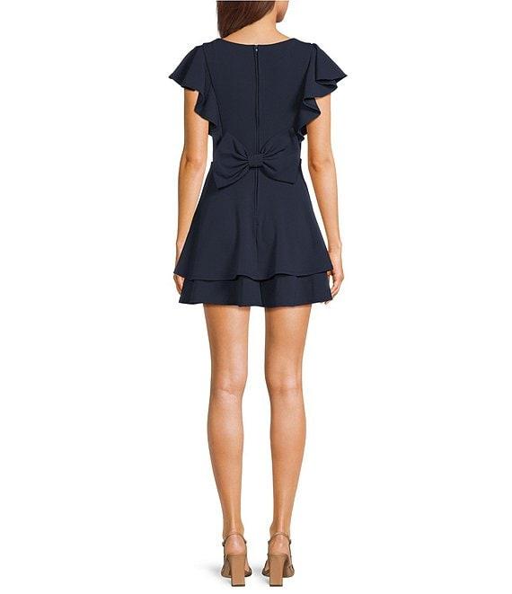 Midnight Doll Solid Scuba Crepe Short Sleeve Boat Neck Bow Back Double Ruffle Dress Product Image