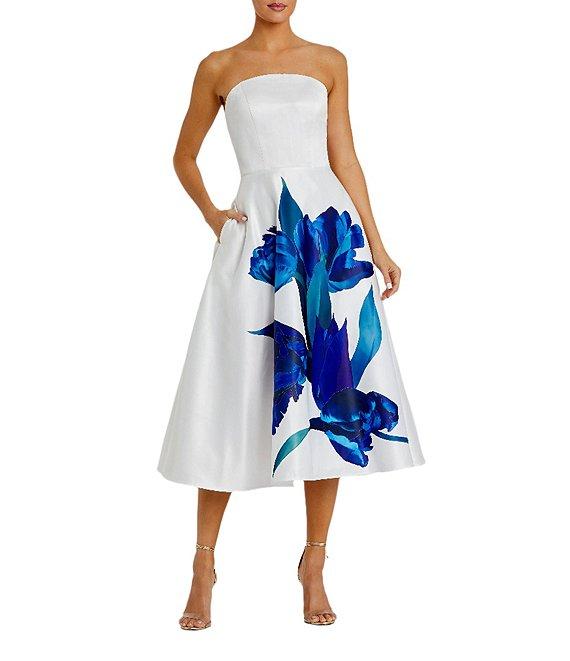 Mac Duggal Satin Placement Floral Print Strapless Neck Sleeveless A-Line Midi Dress Product Image
