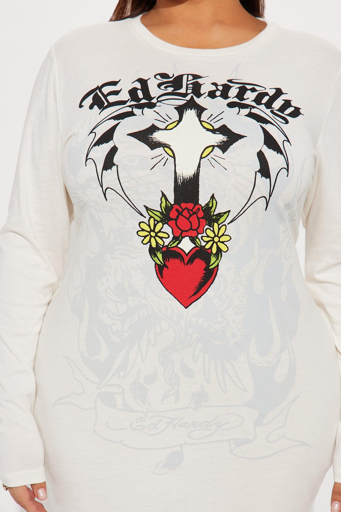 Ed Hardy Cross Heart Long Sleeve Mini Dress - Ivory Female Product Image