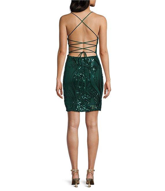 Midnight Doll Spaghetti Strap Placement Sequin Strappy Back Bodycon Mini Dress Product Image