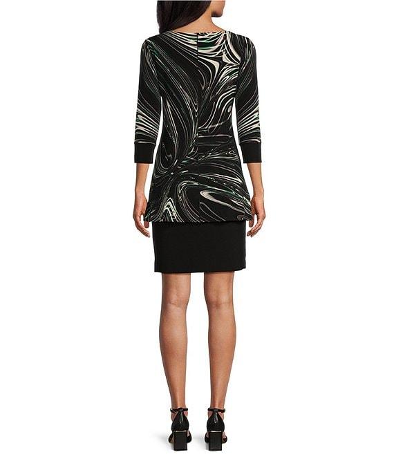 Eva Varro Abstract Swirl Print Knit Jersey Boat Neck 3/4 Sleeve Layered Blouson Dress Product Image