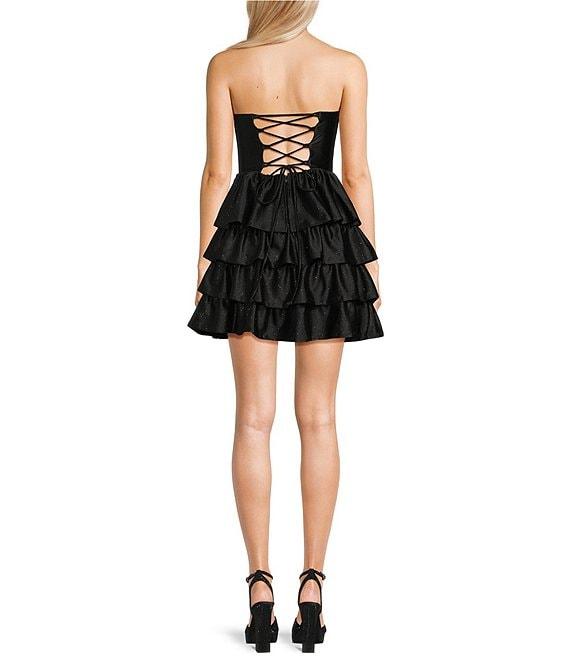Honey and Rosie Glitter Knit Strapless Tiered Lace Up Tie Back Fit And Flare Dress Product Image