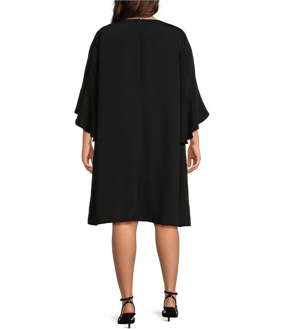 Caroline Rose Plus Size Julia Matte Crepe Round Neck 3/4 Ruffle Sleeve Shift Dress Product Image
