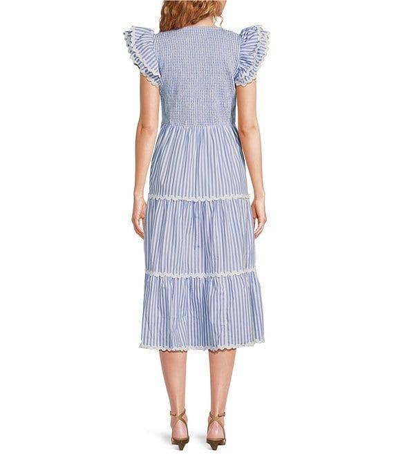 SAIL to SABLE Woven Stripe Print V-Neck Flutter Sleeve Tiered Dress Product Image