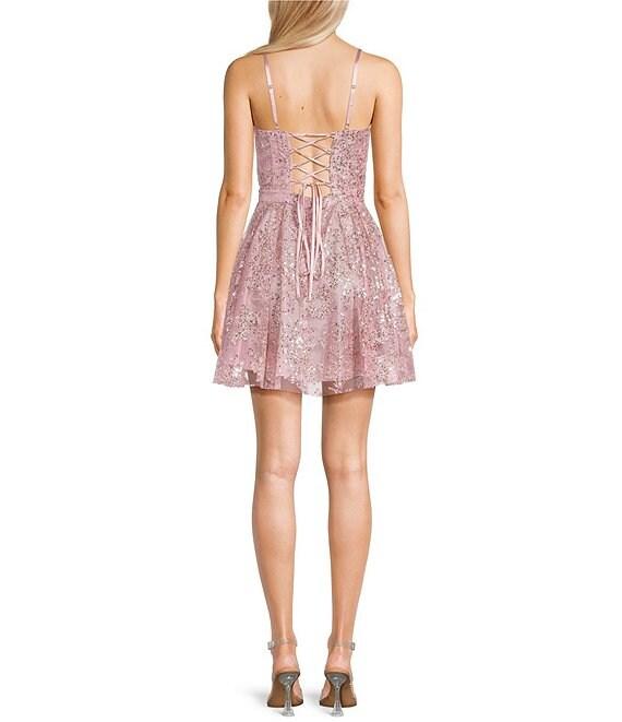 Blondie Nites Glitter Scoop Neck Lace-Up Tie Back Fit-And-Flare Dress Product Image