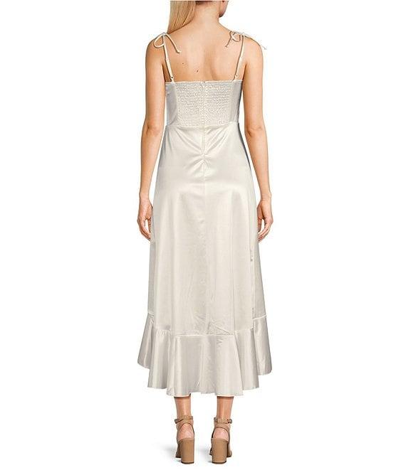 Honey and Rosie Sateen Square Neck Spaghetti Tie Strap Ruffle Midi Dress Product Image