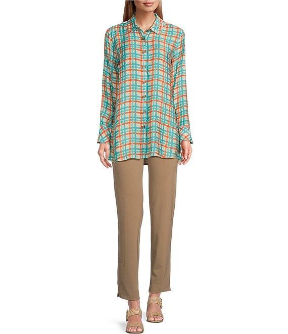 Multiples Plaid Print Crinkle Woven Long Sleeve Turn-Up Cuffs Hi-Low Button-Front Shirt Product Image