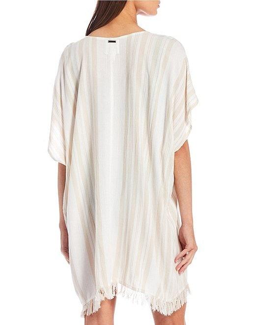 Billabong Walk Away Crinkled Striped V-Neck Fringe Swim Cover-Up Dress Product Image