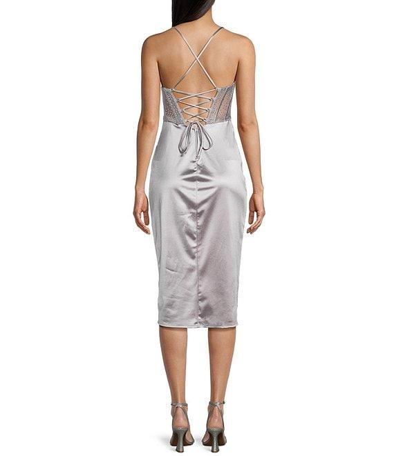 B. Darlin Sweetheart Drape Neck Rhinestone Illusion Midi Dress Product Image