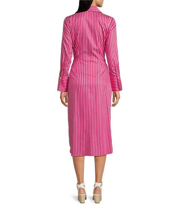 J.McLaughlin Orla Stripe Shirt Collar Long Sleeve Tie Waist Button Front Midi Dress Product Image