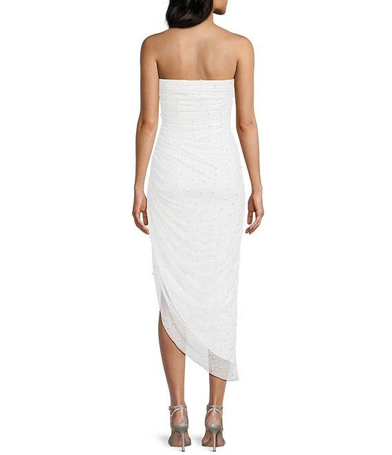 Honey and Rosie Glitter Knit Pearl Embellished Strapless Asymmetrical Hem Midi Dress Product Image