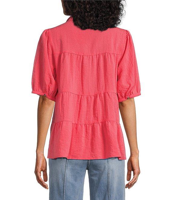 John Mark Wire Collar Short Sleeve Tiered Button-Front Top Product Image