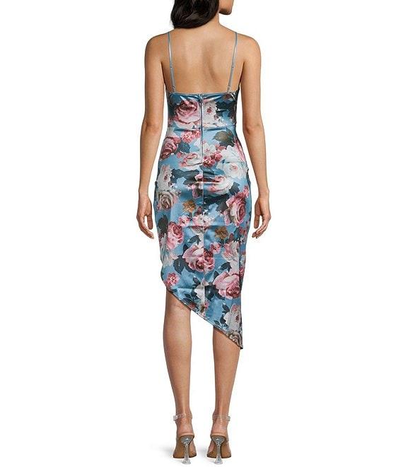 Honey and Rosie Floral Print Stretch Satin Cowl Neck Corset Inspired Asymmetrical Hem Dress Product Image