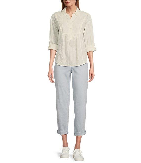 Westbound Petite Size Roll Tab 3/4 Sleeve Point Collar Henley Top Product Image